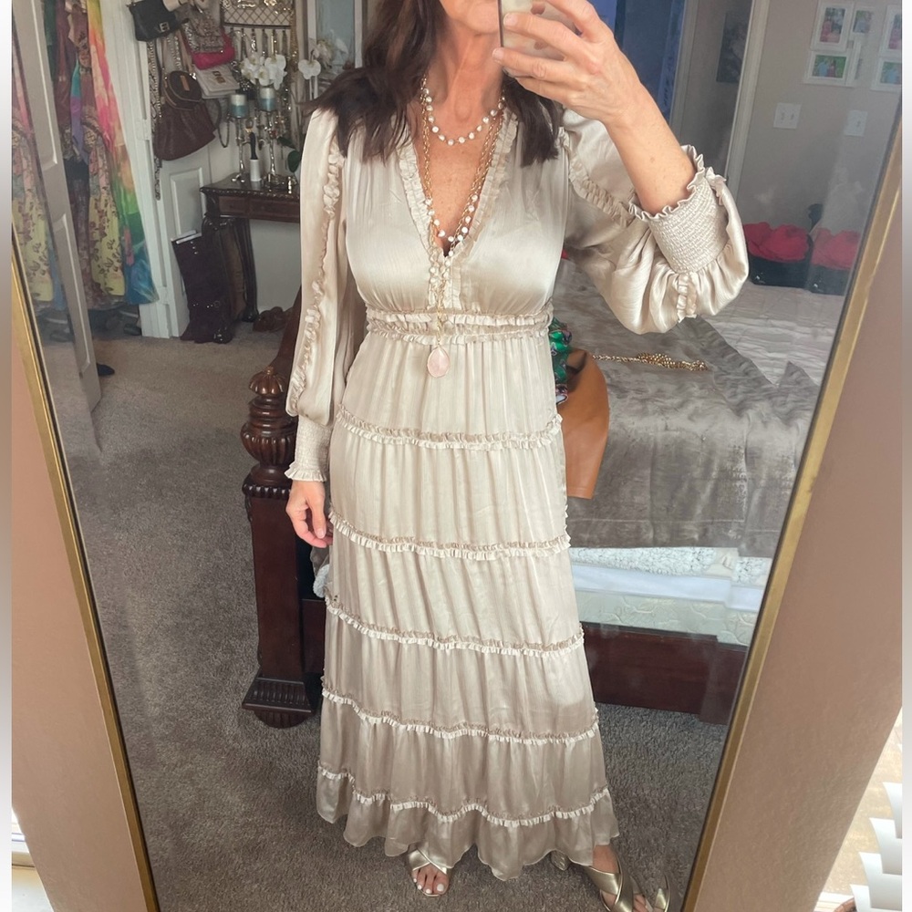 Chelsea & Violet Plisse ruffle maxi dress champagne color S